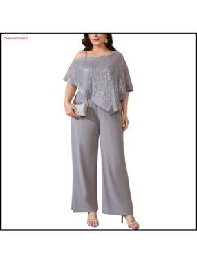 Plus Size Sequin 2 Piece Pant Suit Set Asymmetric Cape Formal Wedding Guest